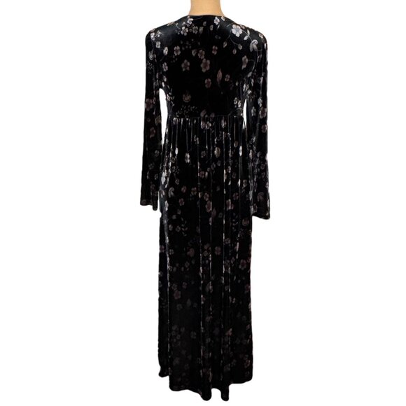 Vintage 90s Whimsigoth Velvet Maxi Dress Sz M Black Floral Witchy Goth Boho - Picture 4 of 13